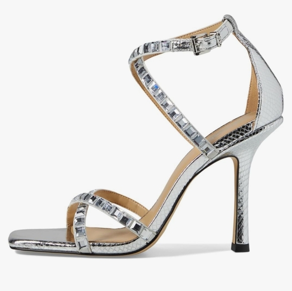 NWT Michael Kors Strappy Silver Gemstone Heeled Sandals High Heel Party … - Picture 12 of 16